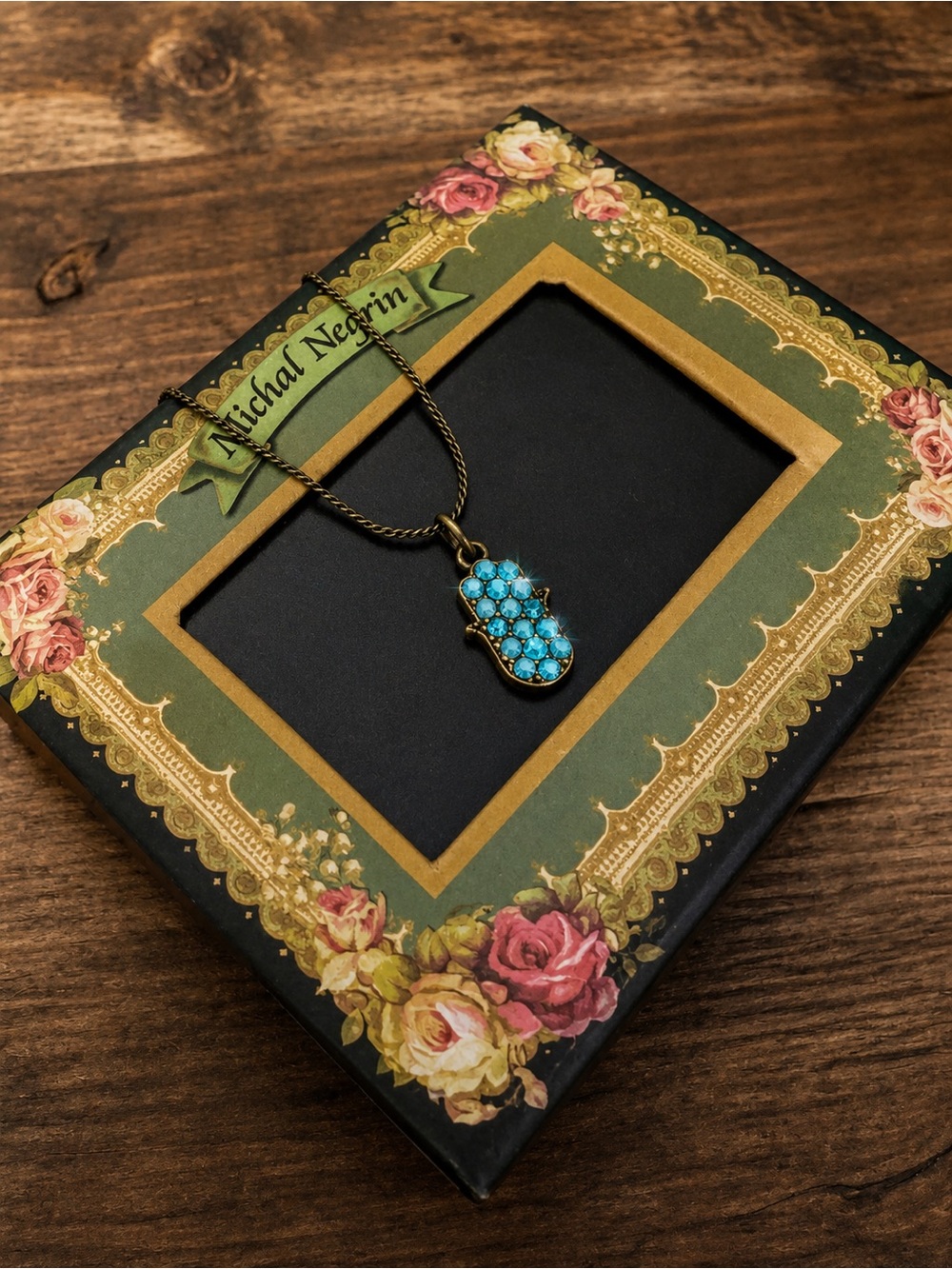 Michal Negrin Turquoise colored bead and crystal Hamsa pendant necklace
